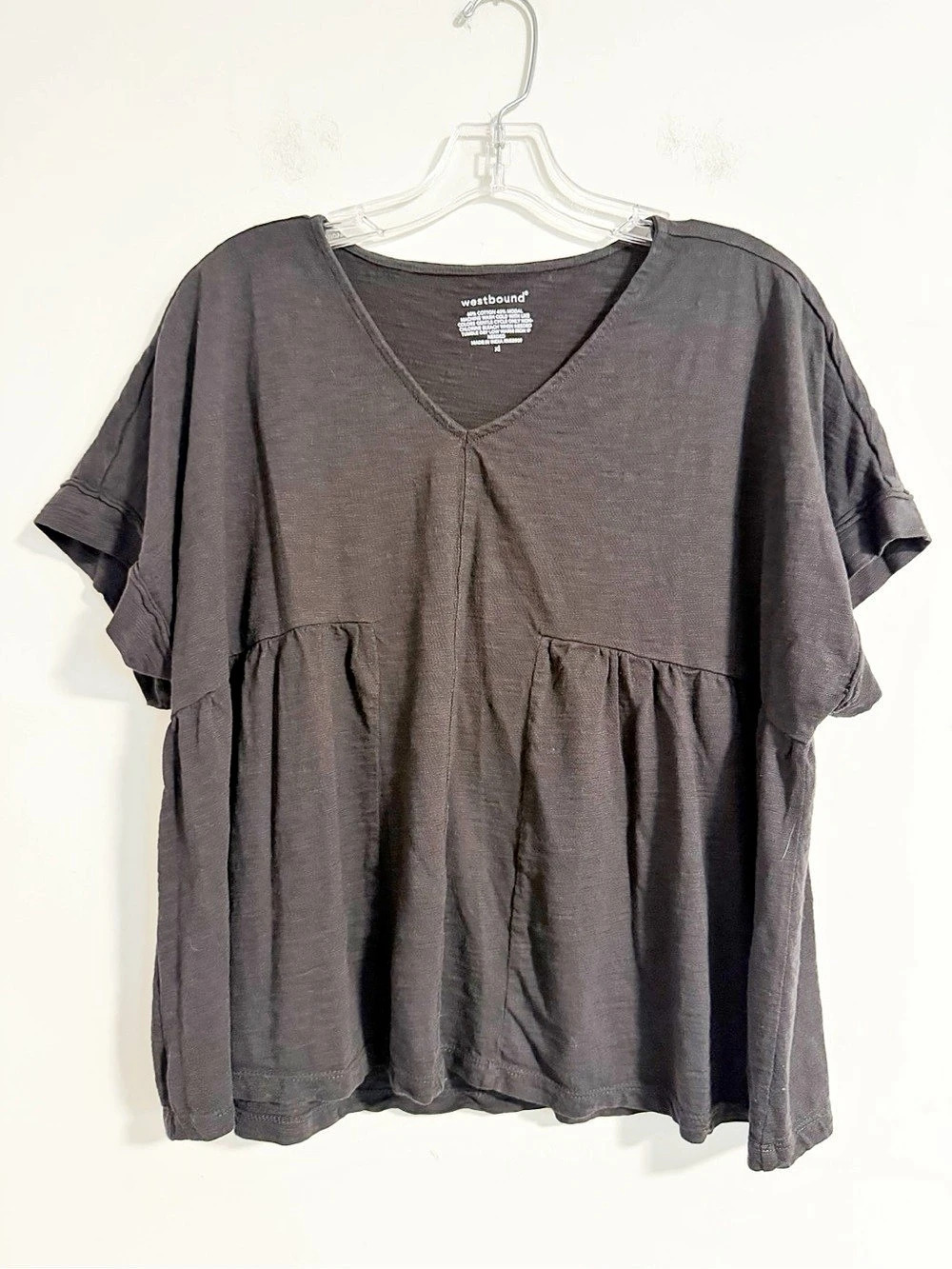 Westbound Charcoal Gray V-Neck Babydoll Peplum Top Short Sleeve Knit XL